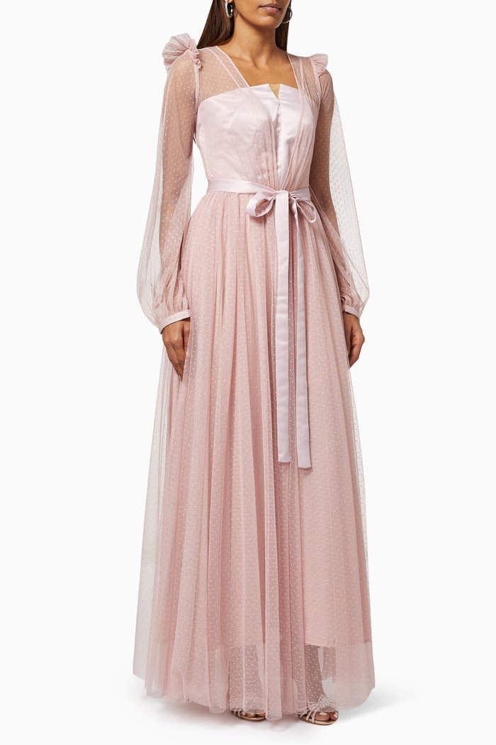 

Mesh Sleeve Dress in Satin, Pink