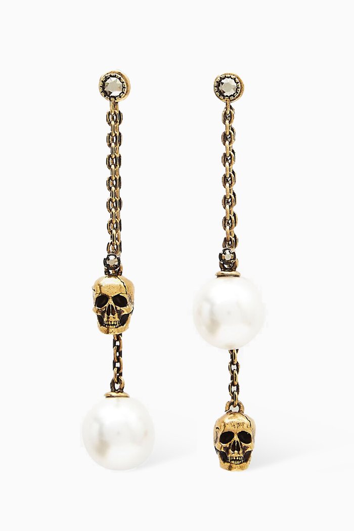

Pearly Skull Chain Drop Earrings, Blue
