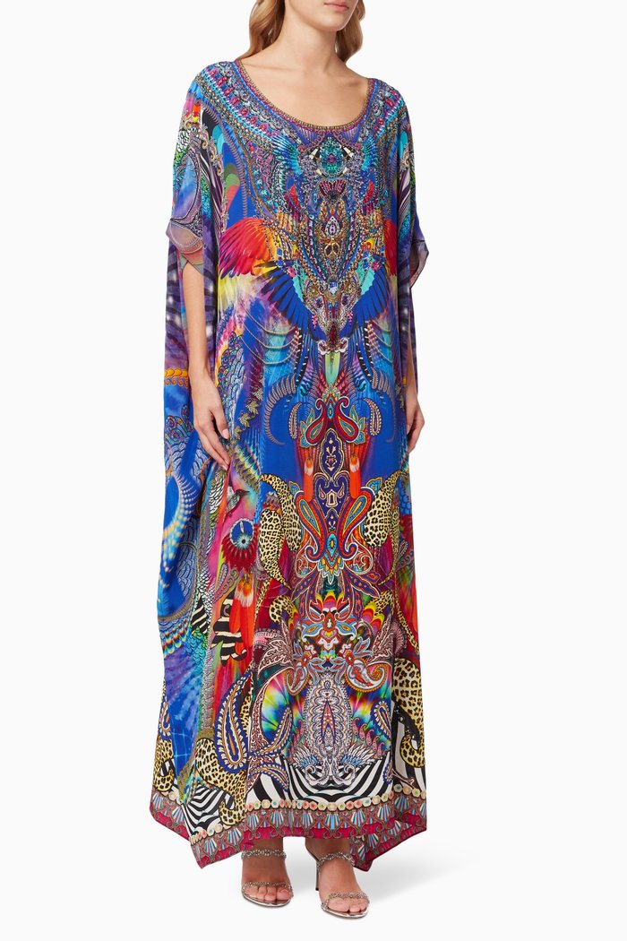 Psychedelica Round Neck Kaftan in Silk, Blue