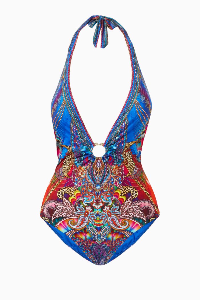 

Psychedelica Ring Detail One-piece Swimsuit in Recycled Nylon, Blue