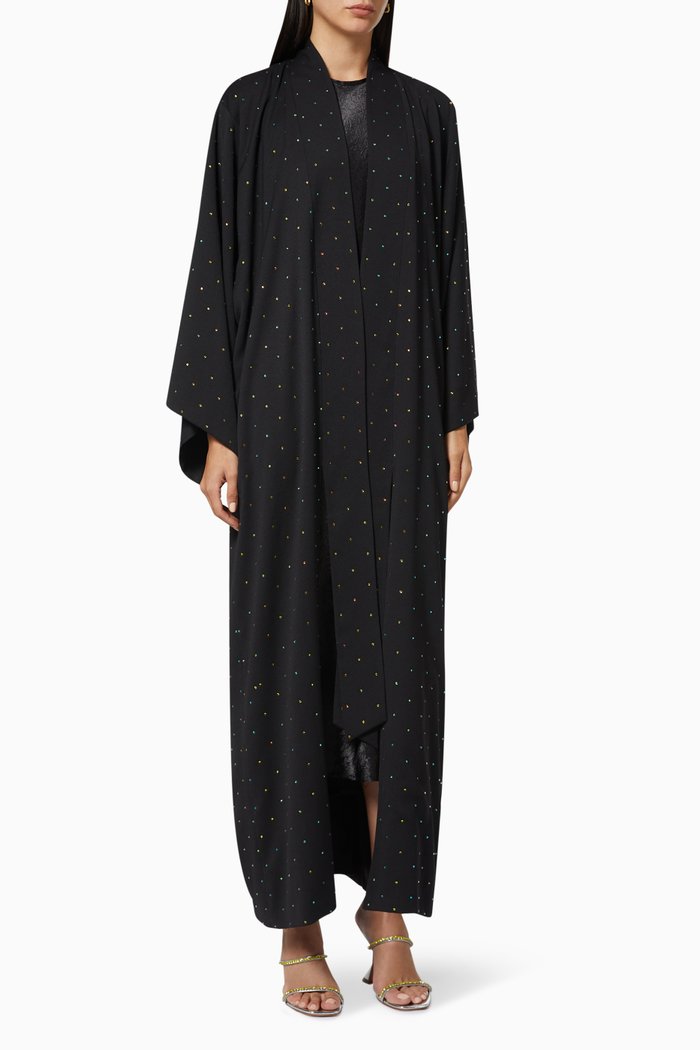 

Deep Sunset Crystal Kimono-style Abaya in Crepe, Black