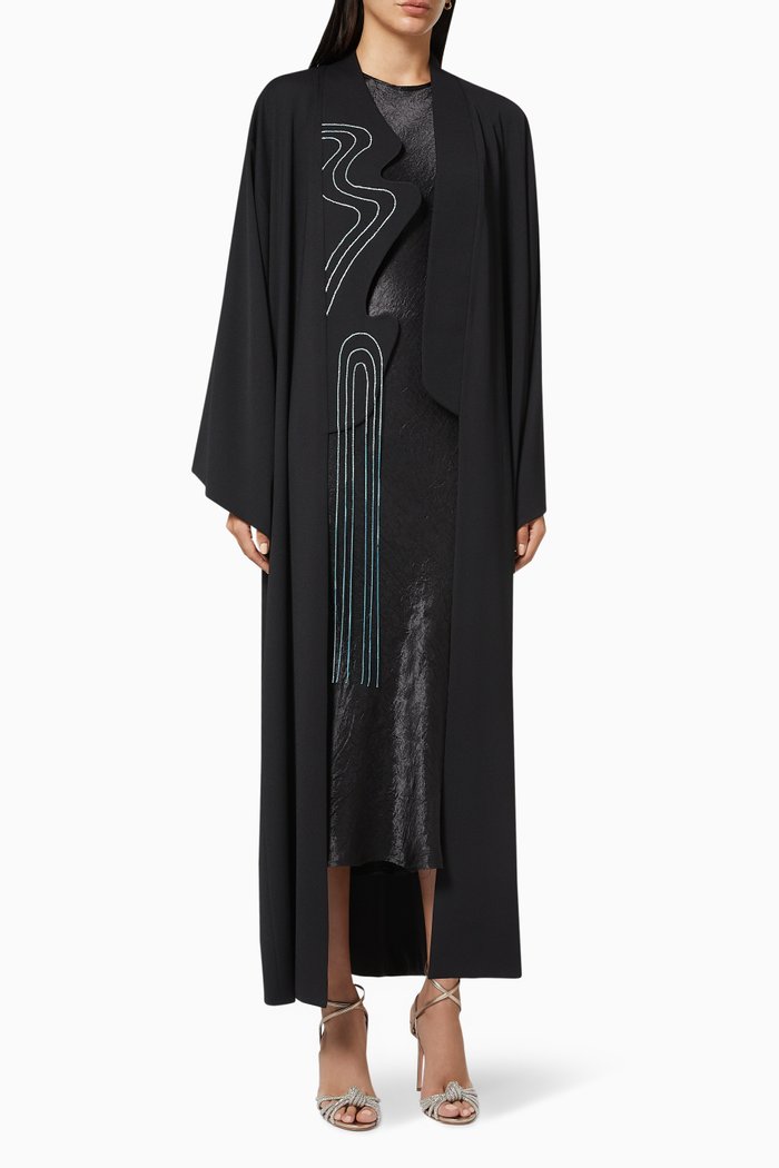 

Crystal Shower Asymmetrical Kimono-style Abaya in Crepe, Black