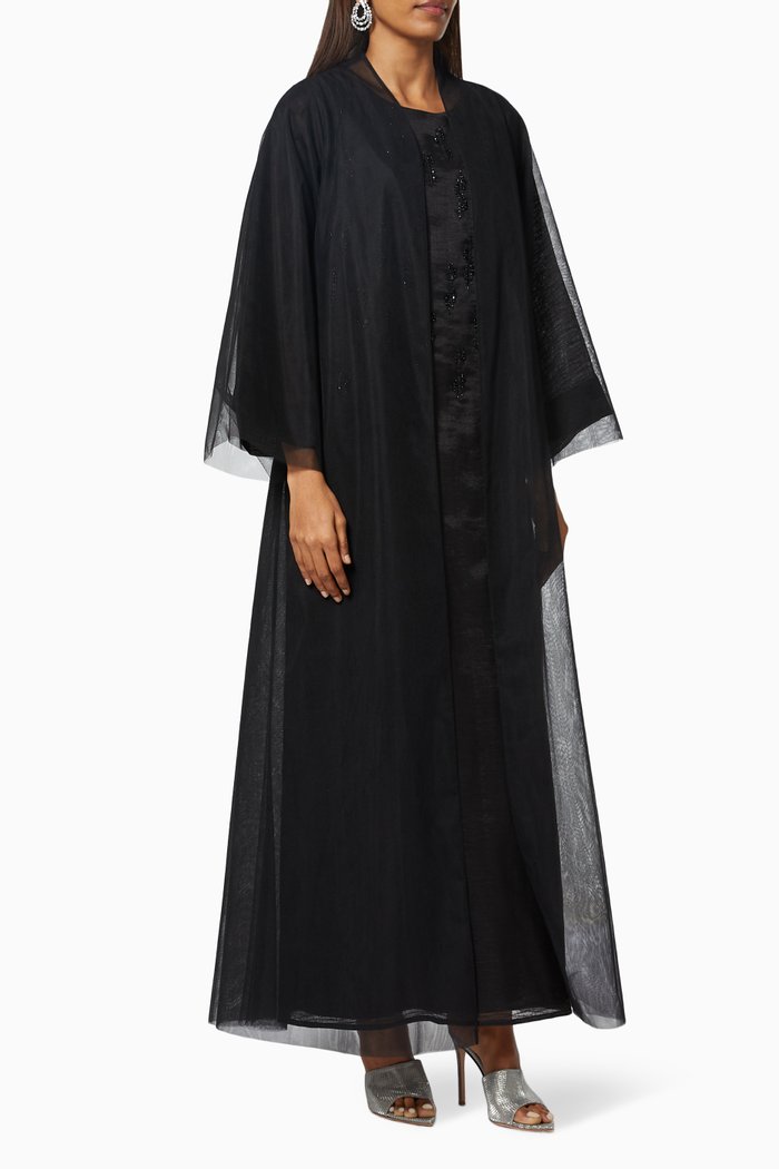 Bead Embroidered Abaya Set in Crepe, Black
