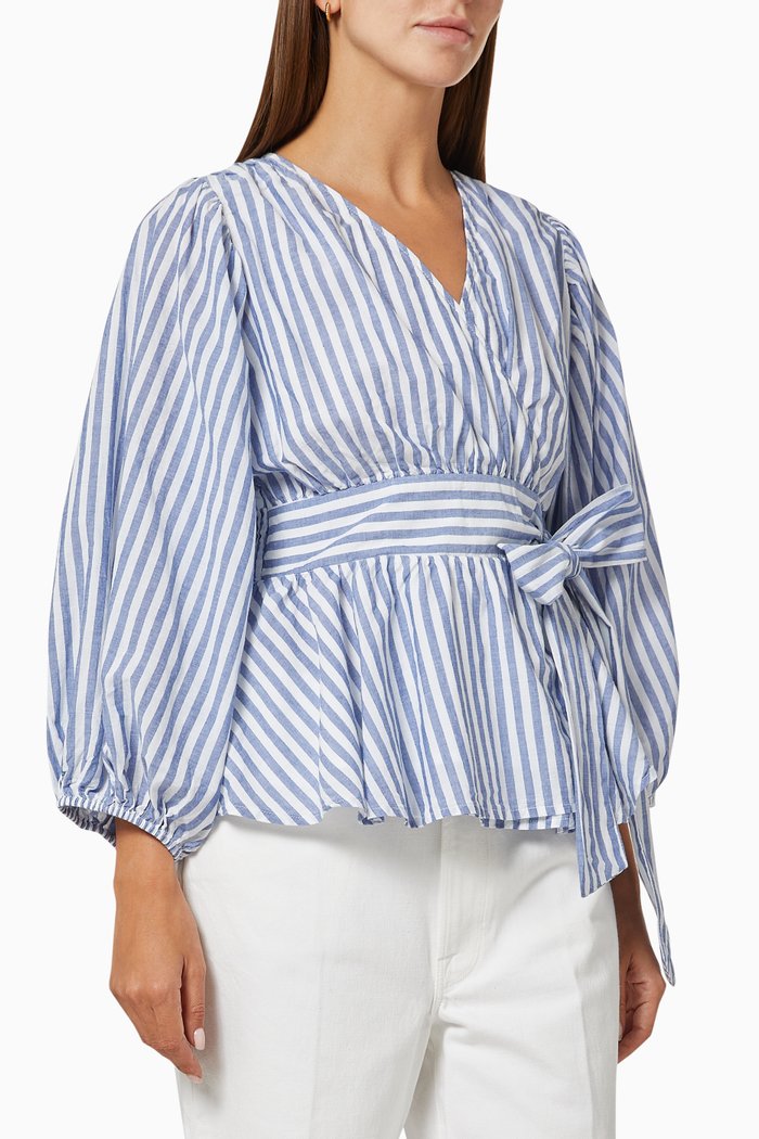 Yasmonira Wrap Top in Striped Cotton, Blue