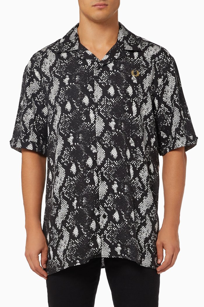 

Snake Print Revere Collar Shirt in Lyocell, Black
