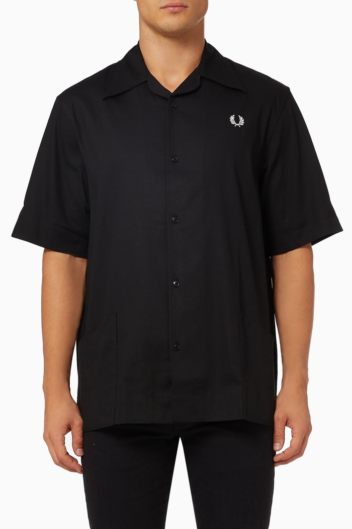 

Honeycomb Textured Pocket Shirt in Cotton Piqué, Black