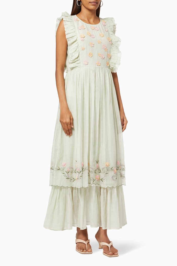 Clara Maxi Dress in Cotton Silk Blend, Green