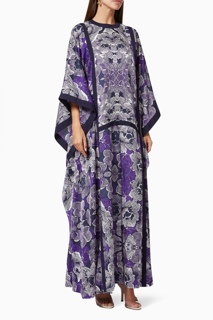 Floral Print Patterned Kaftan in Silk Cotton, Purple