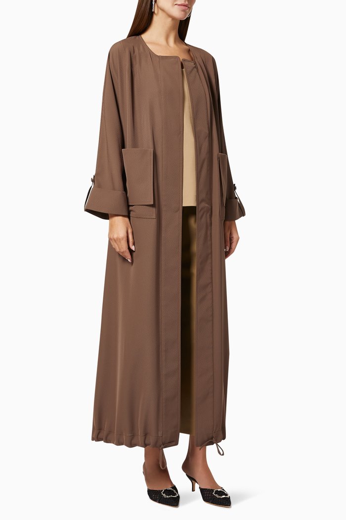 

Textured Abaya with Trench Coat Details in Japanese Crepe, Brown