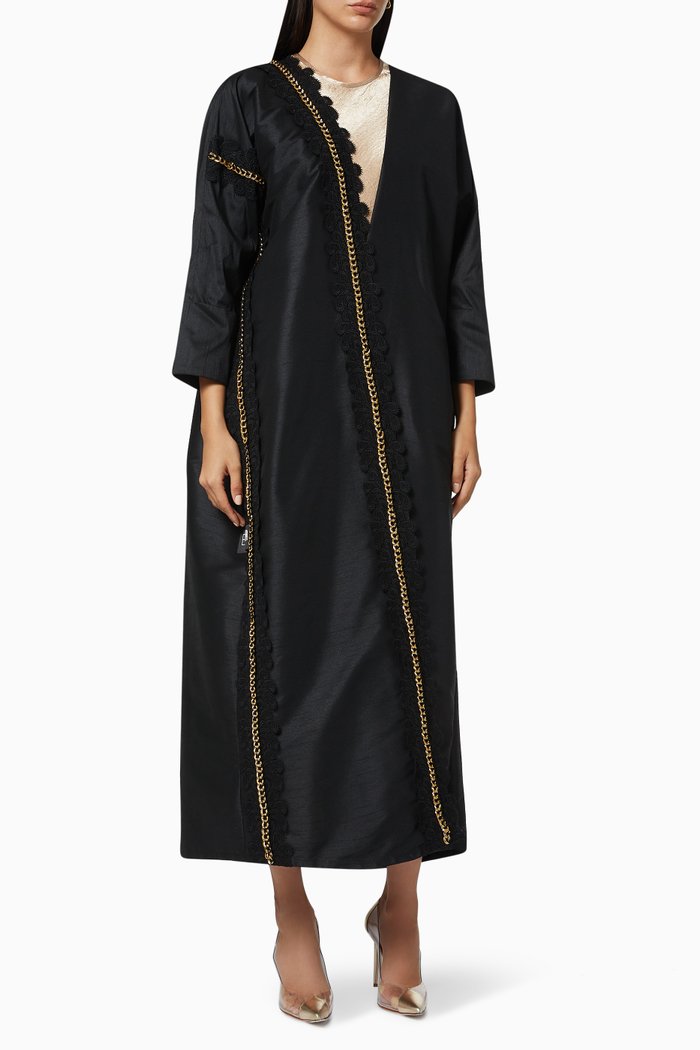 

Chain Link Lace Trim Abaya, Black