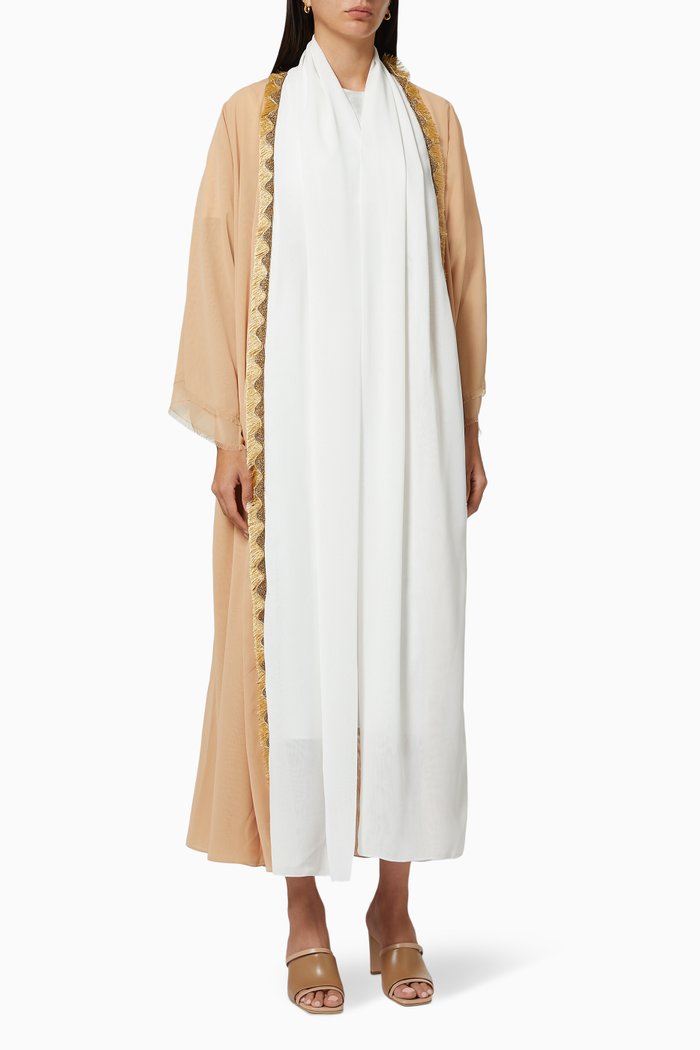 

Embellished Fringe Trim Abaya in Chiffon, Neutral
