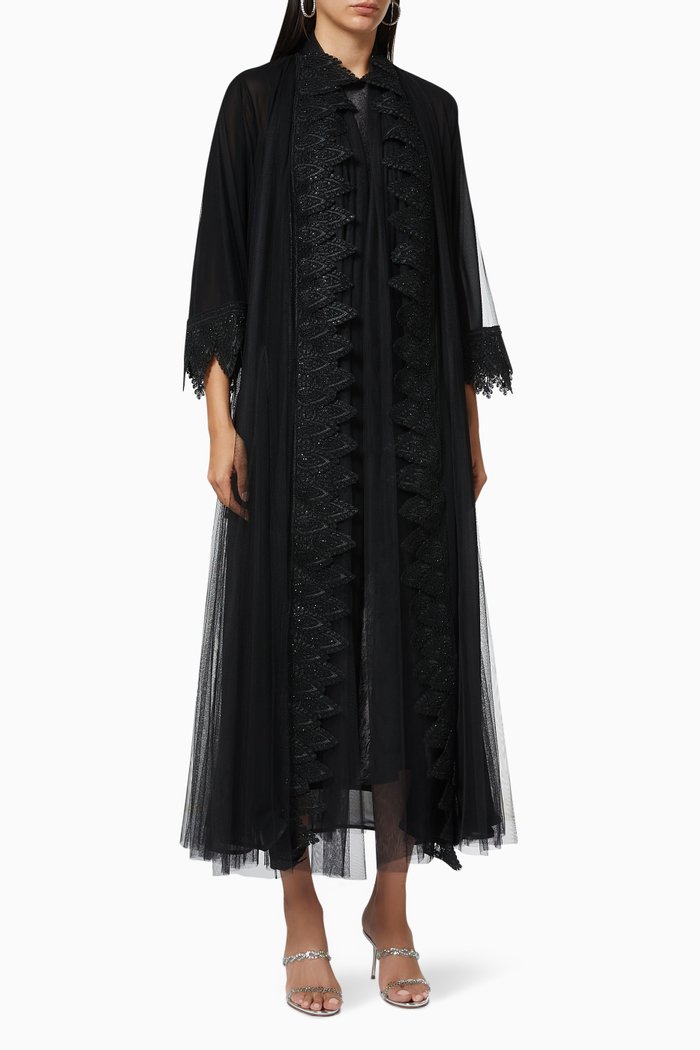 

Embroidered Lace Trim Abaya, Black