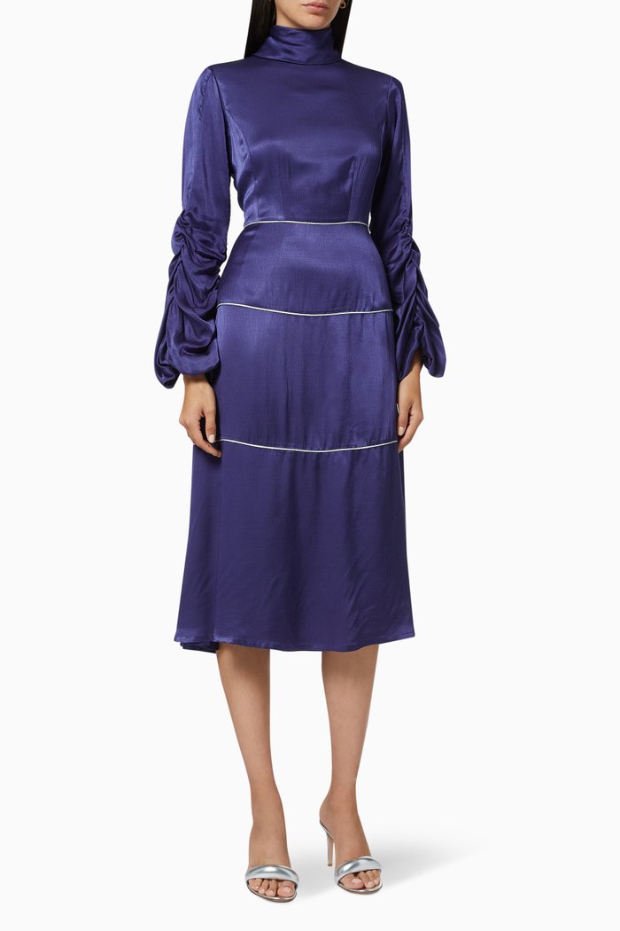 

High-Neck Midi Dress in Viscose-Rayon Blend, Blue