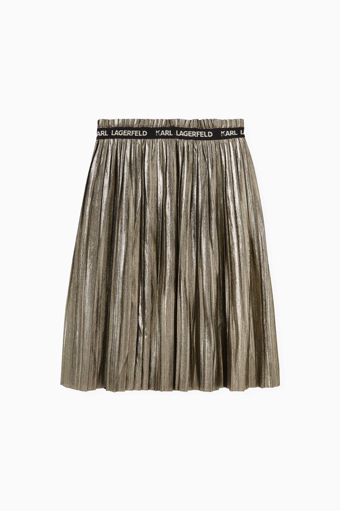 

Karl Lagerfeld Logo Tape Skirt in Metallic Crepe, Gold