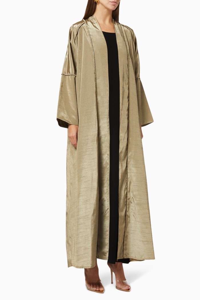 

Crystal Trim Abaya Set in Crepe & Silk, Gold