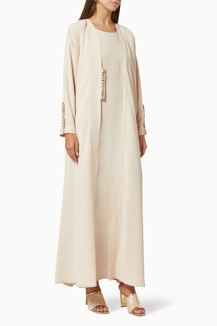 

Crystal Embellished Abaya Set in Crepe, Neutral
