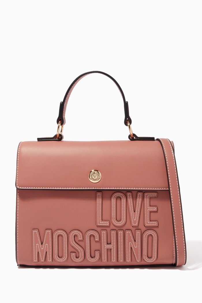 

Embroidered Logo Top Handle Bag in Faux Leather, Pink