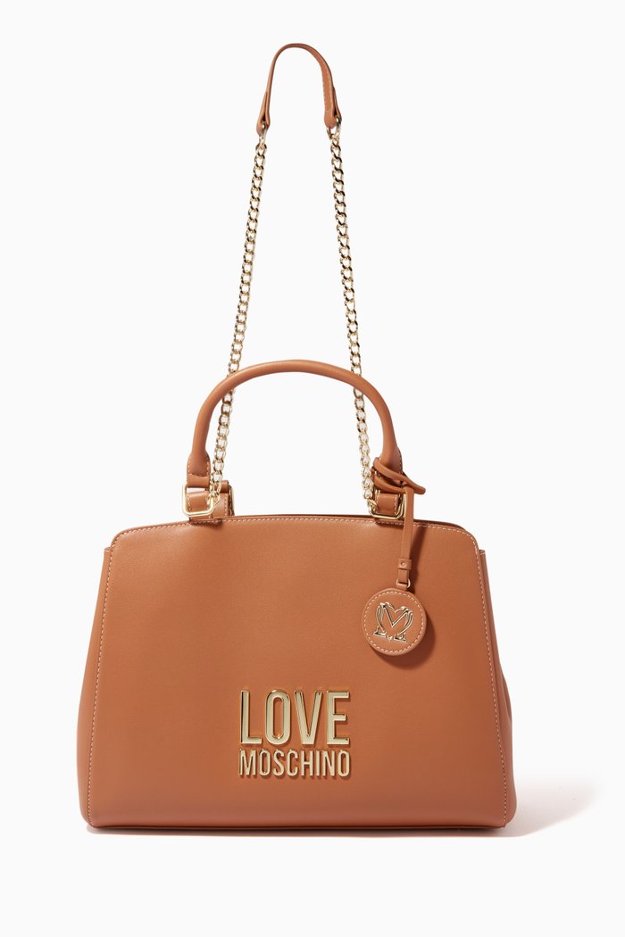 

Logo Top Handle Bag in Faux Leather, Brown
