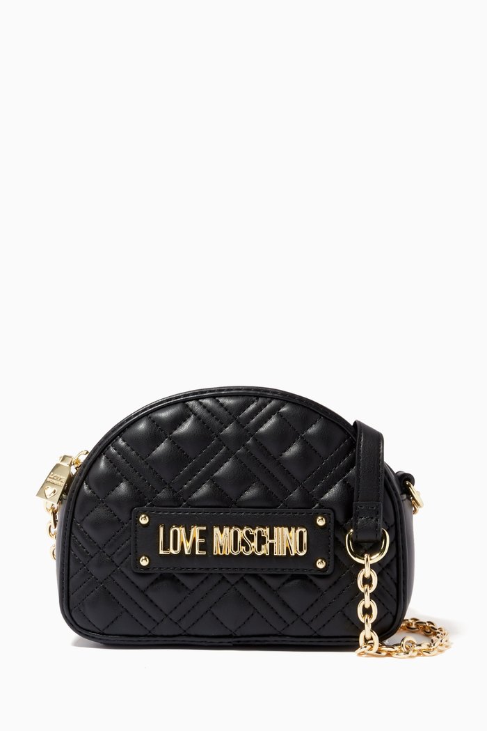 

New Shiny Quilted Shoulder Bag in Faux Leather, Black