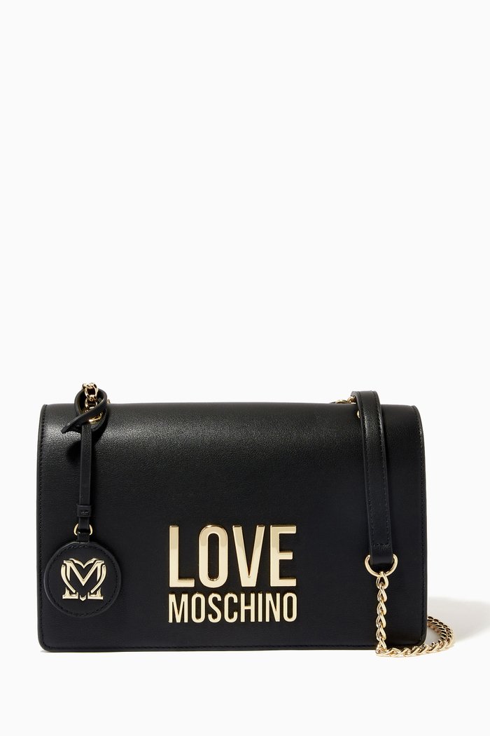 

Metal Logo Shoulder Bag in Faux Leather, Black