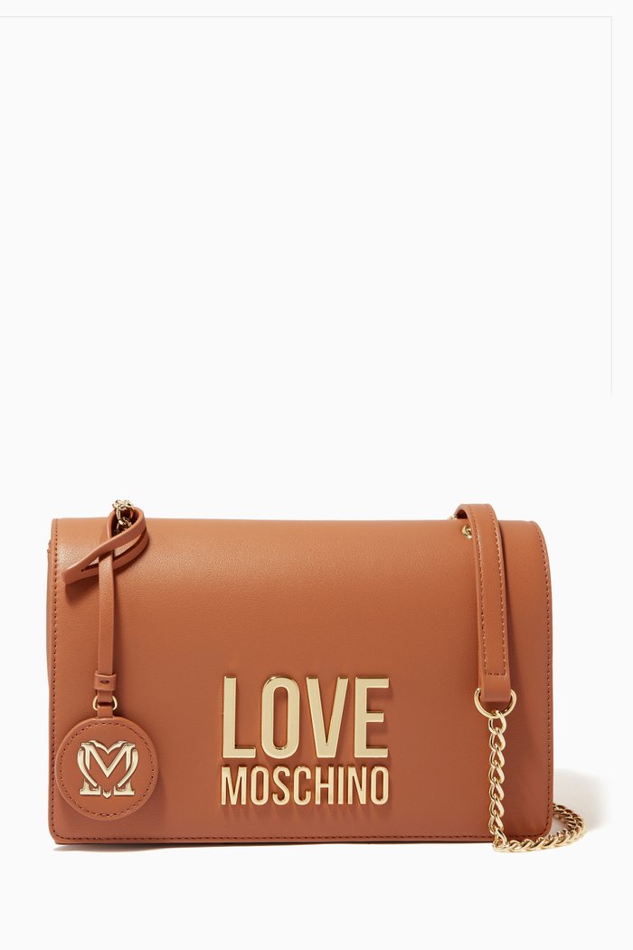 Metal Logo Shoulder Bag in Faux Leather, Brown