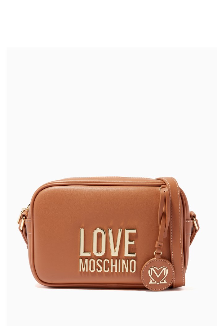Metal Logo Camera Bag in Faux Leather, Brown