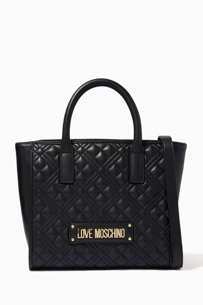 

Logo Quilted Top Handle Bag in Faux Leather, Black