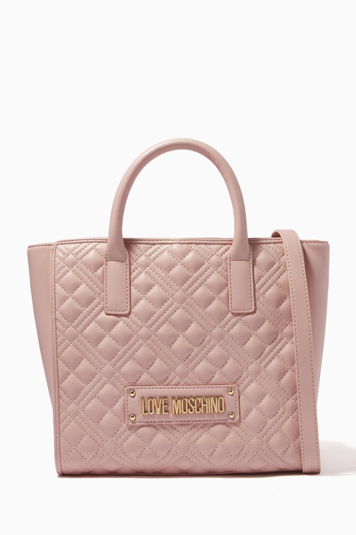 

Logo Quilted Top Handle Bag in Faux Leather, Pink