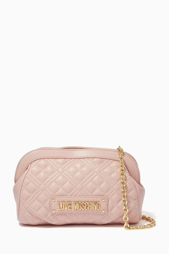 

Logo Quilted Crossbody Bag in Faux Leather, Pink