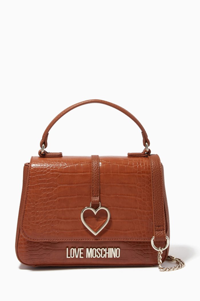 

Mini Logo Top Handle Bag in Faux Leather, Brown