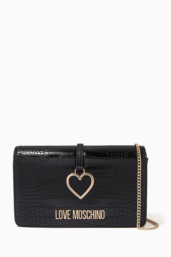 Logo Heart Crossbody Bag in Faux Leather, Black