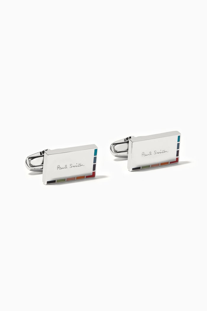 

Etched Stripe Logo Cufflinks in Metal, Silver