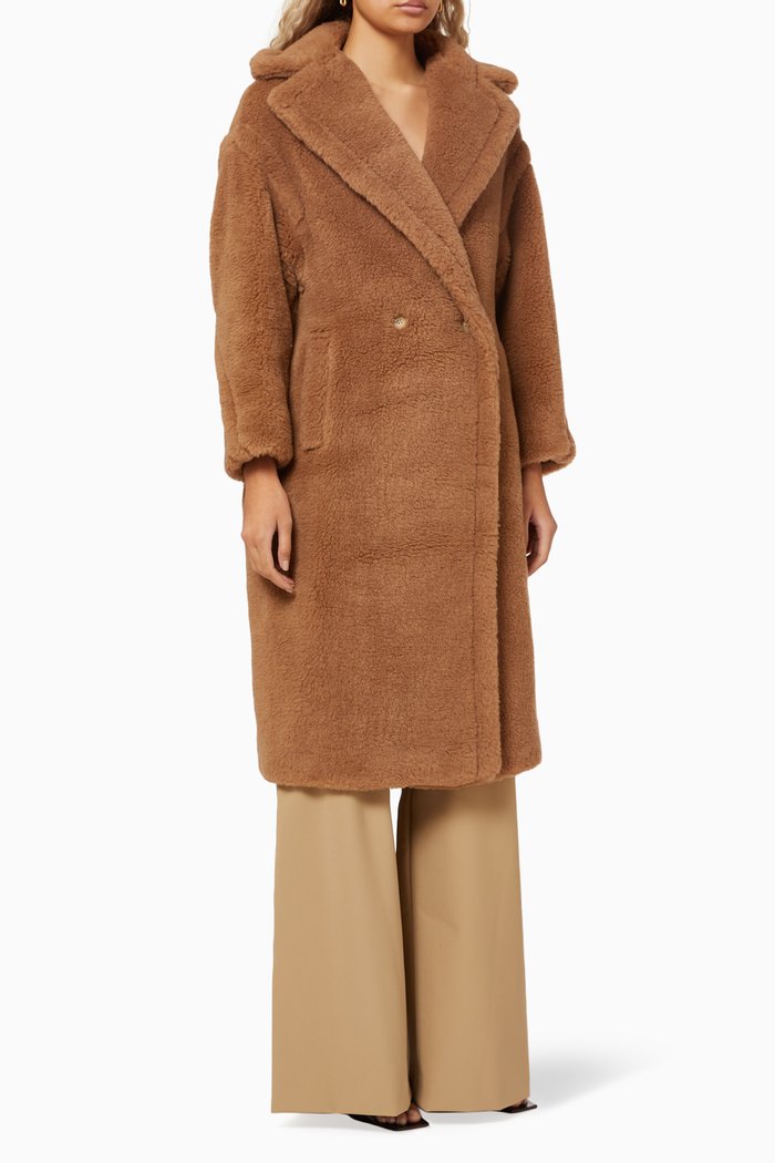 

Teddy Bear Icon Coat in Camel Wool, Brown