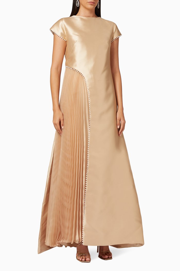 

Pleated Maxi Dress in Satin, Neutral