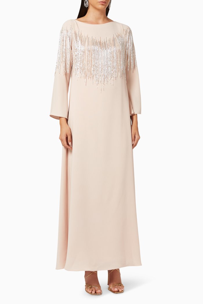 

Embroidered Maxi Dress in Crepe, Neutral