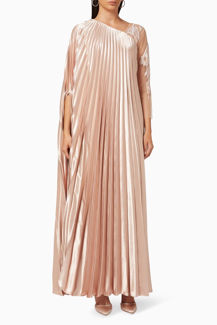 

Pleated Cape Maxi Dress in Satin, Rose gold