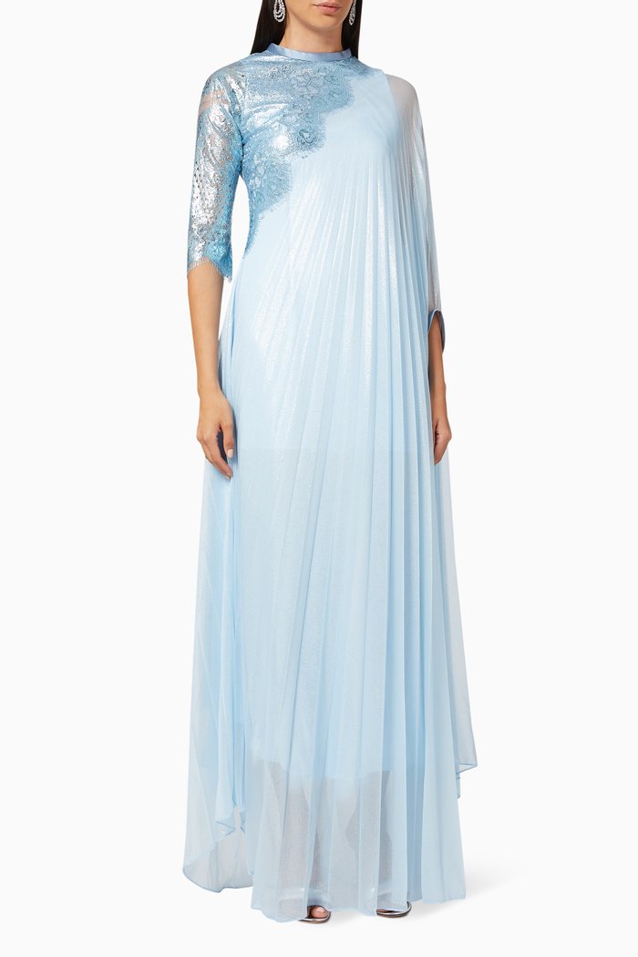

Pleated Cape Maxi Dress in Chiffon, Blue