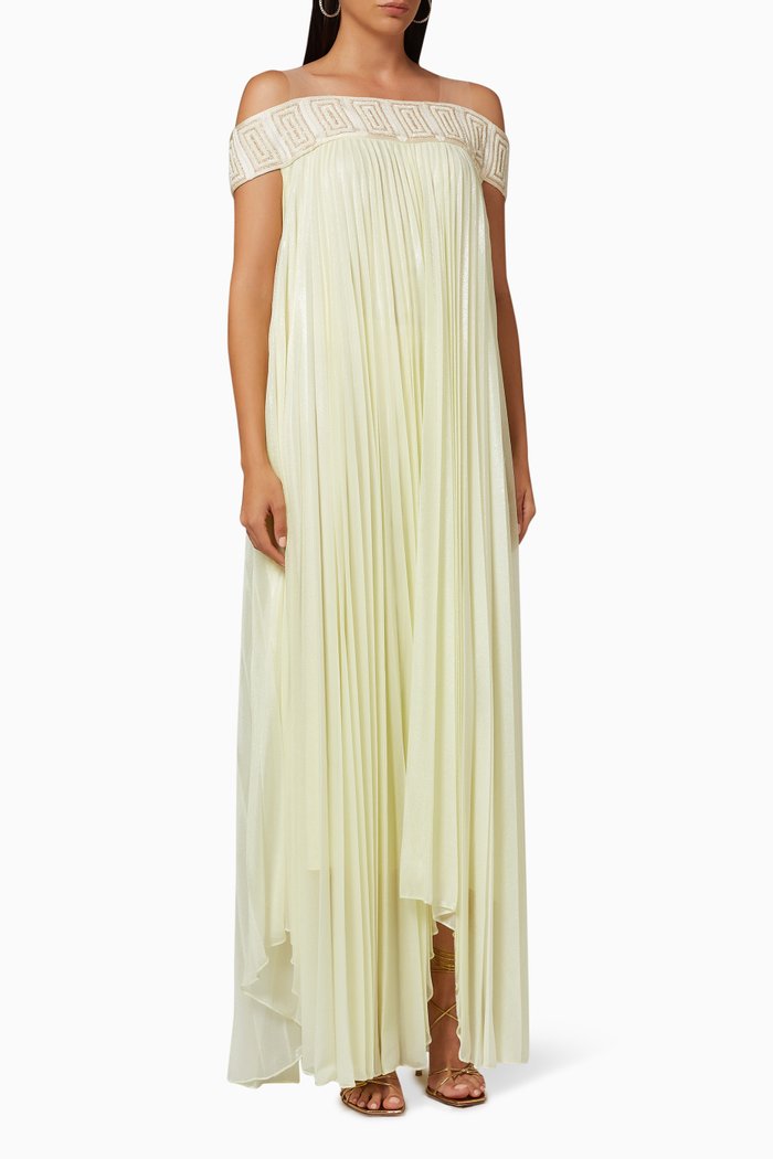 

Off-Shoulder Pleated Maxi Dress in Chiffon, Yellow