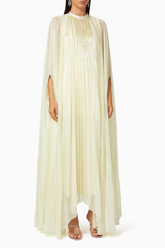 

Pleated Cape Maxi Dress in Chiffon, Yellow