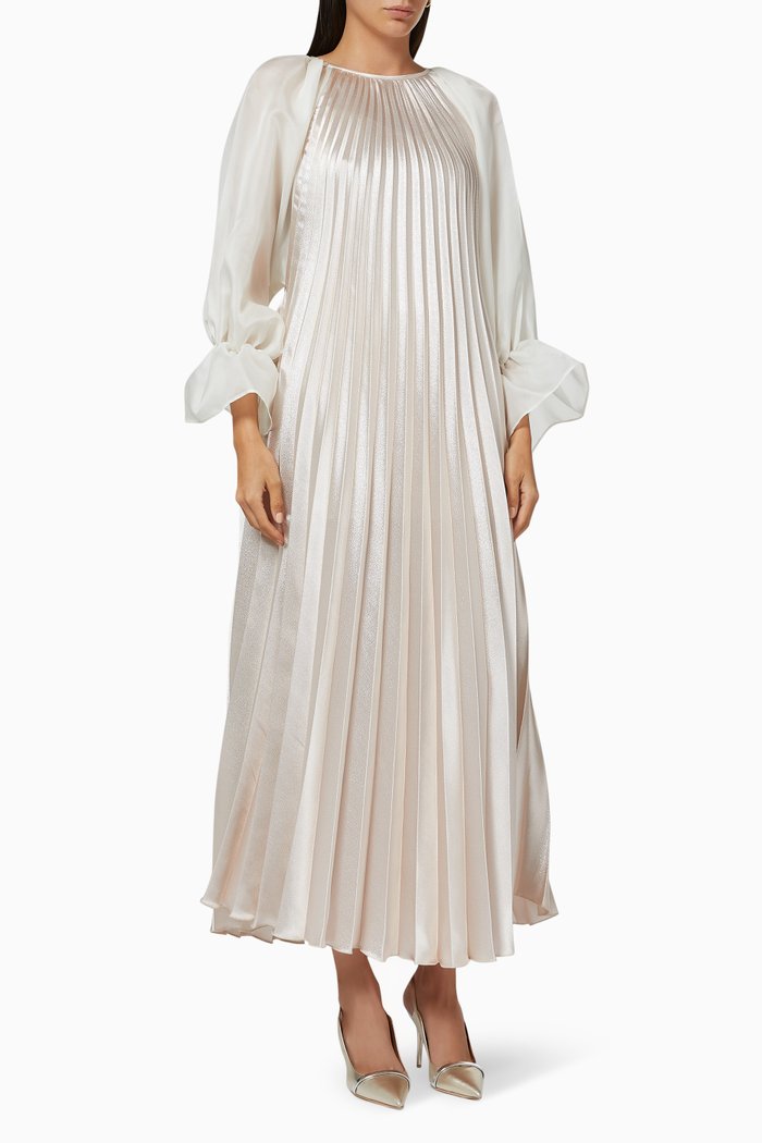 Metallic Plisse Dress with Organza Sleeves, Neutral