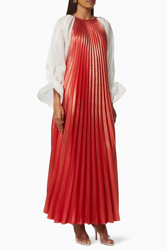 

Metallic Plisse Dress with Organza Sleeves, Orange