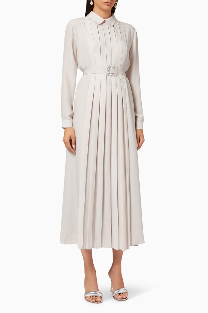 

Pleated Midi Dress in Satin, Grey