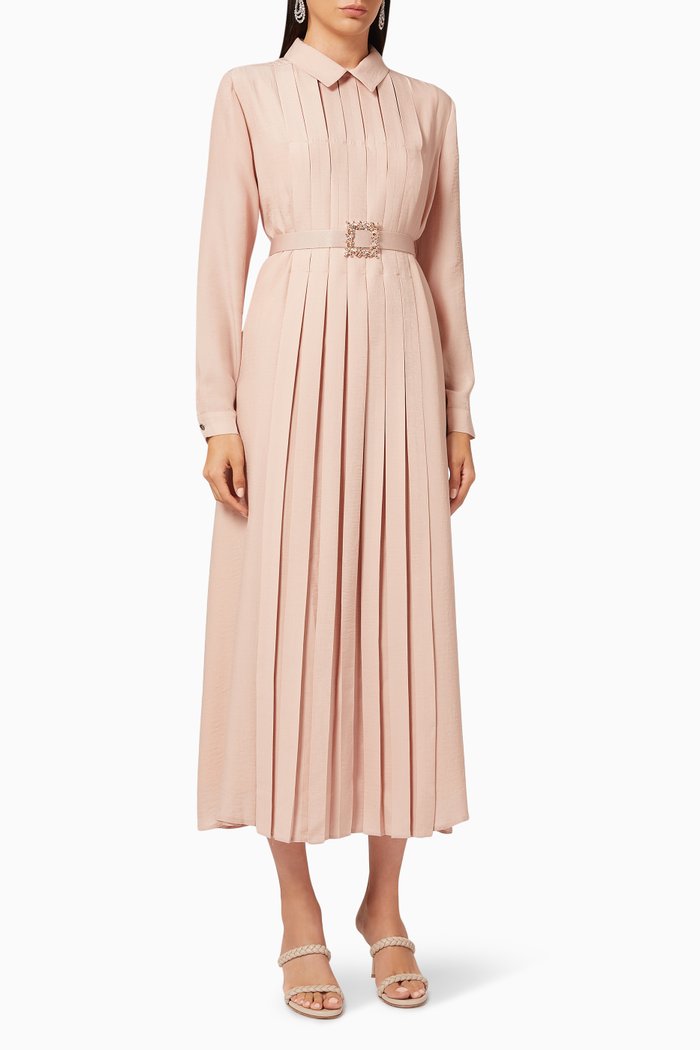 

Pleated Midi Dress in Satin, Pink