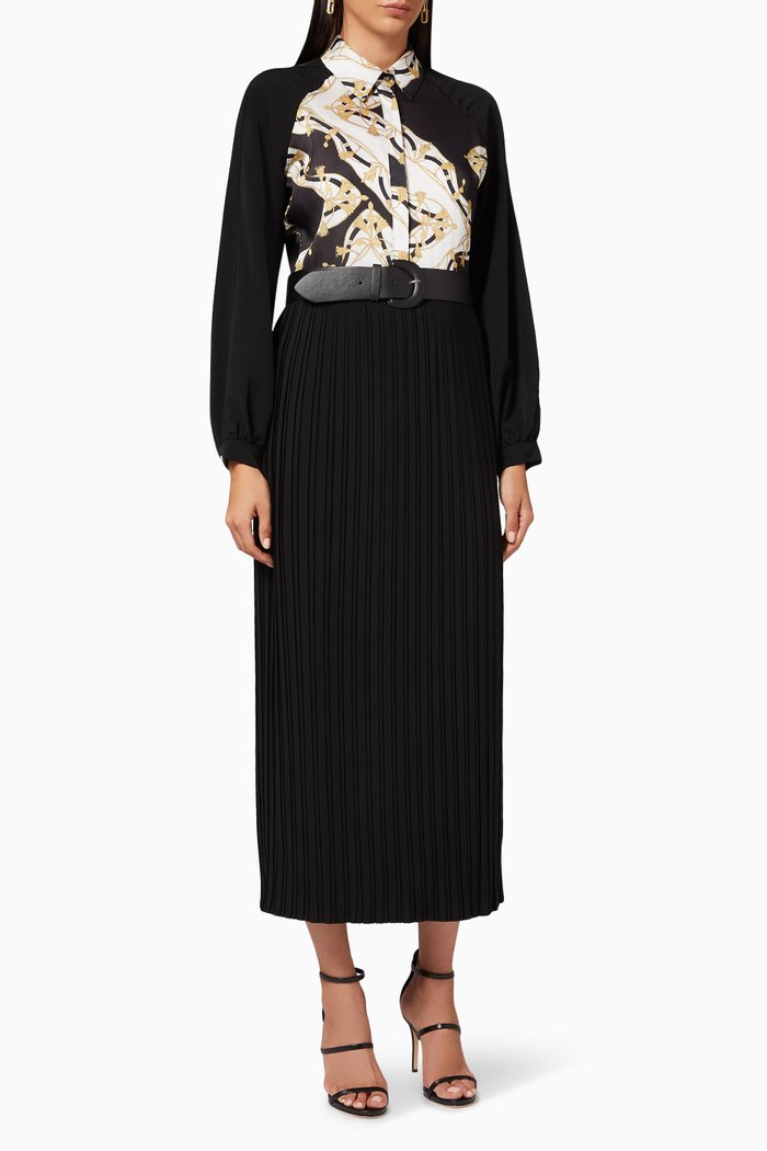 

Scarf Print Midi Dress in Crepe, Black
