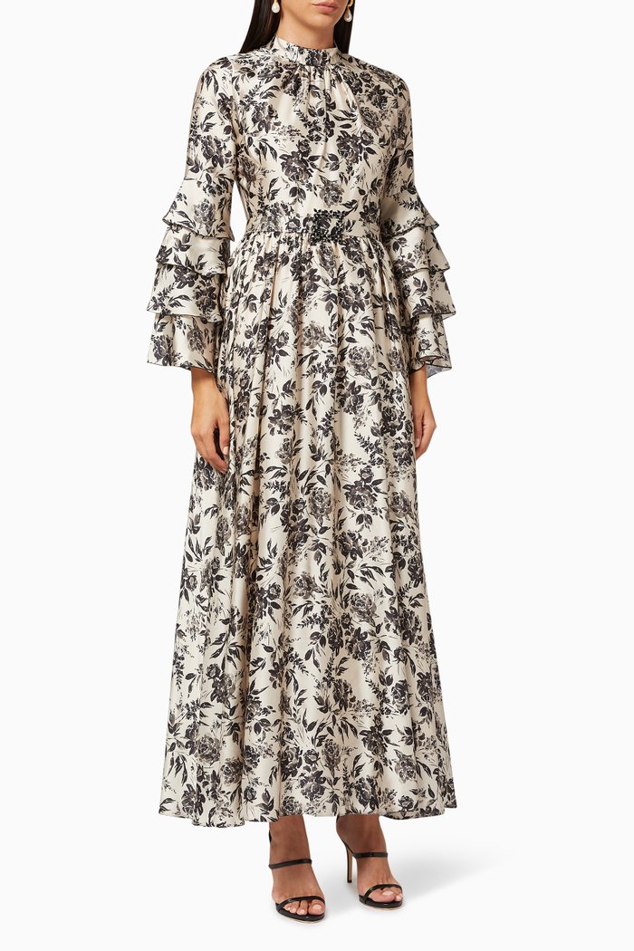 

Floral Print Maxi Dress in Satin, Multicolour