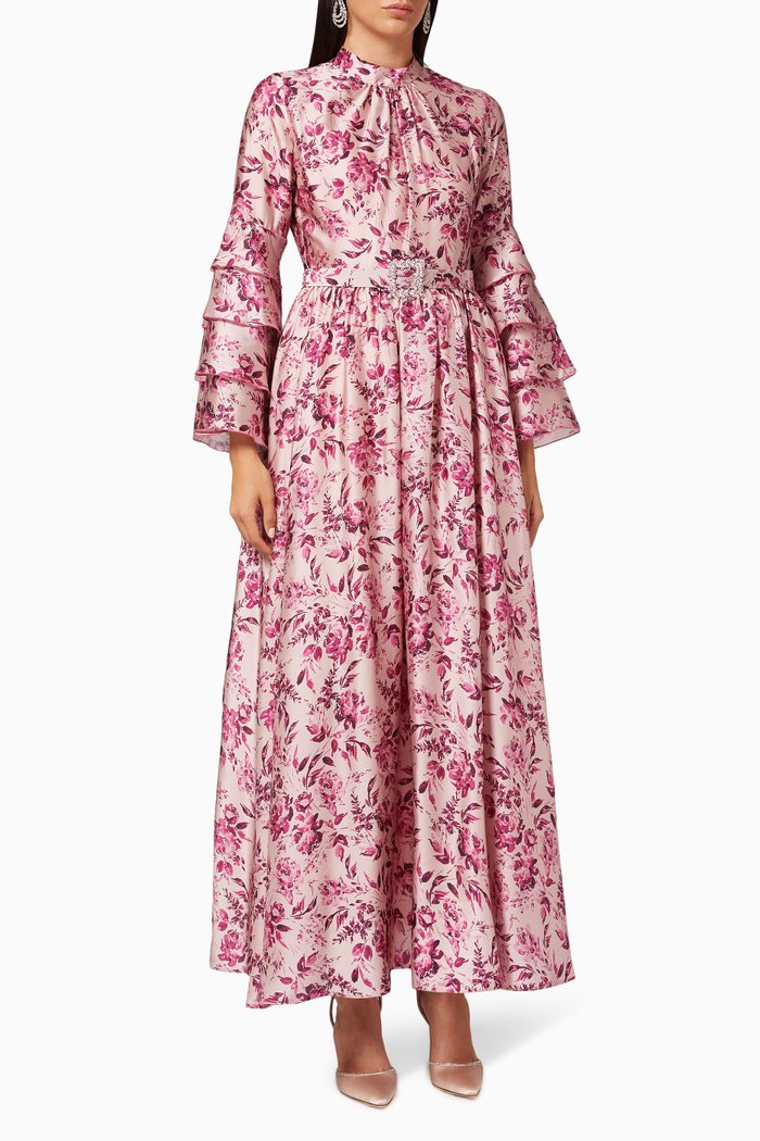 

Floral Print Maxi Dress in Satin, Pink