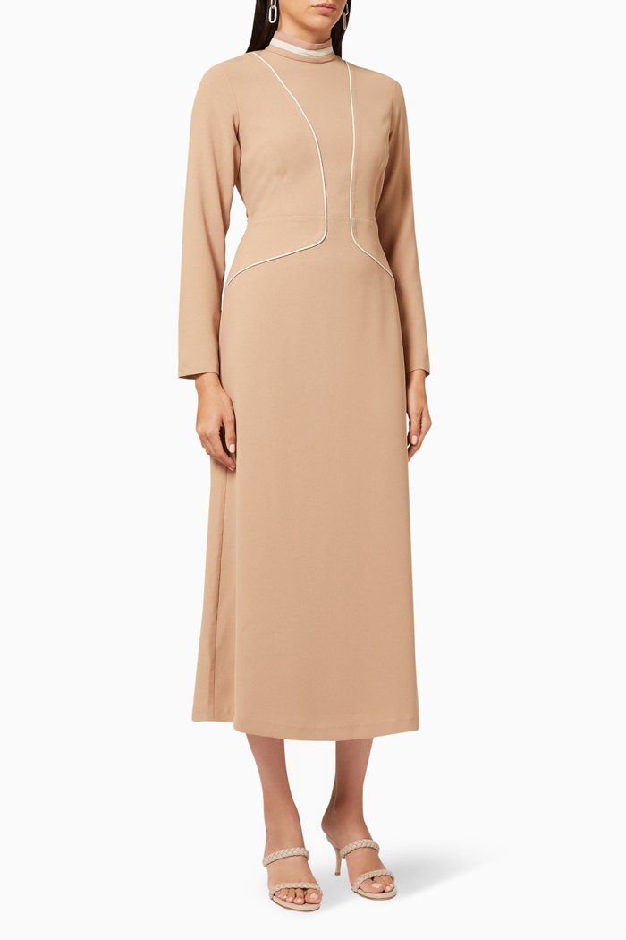 

Contrast Piping Midi Dress in Crepe, Neutral