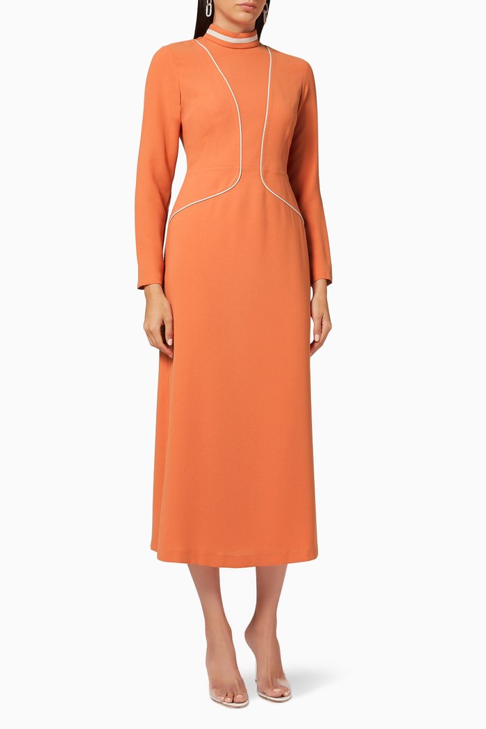 

Contrast Piping Midi Dress in Crepe, Pink
