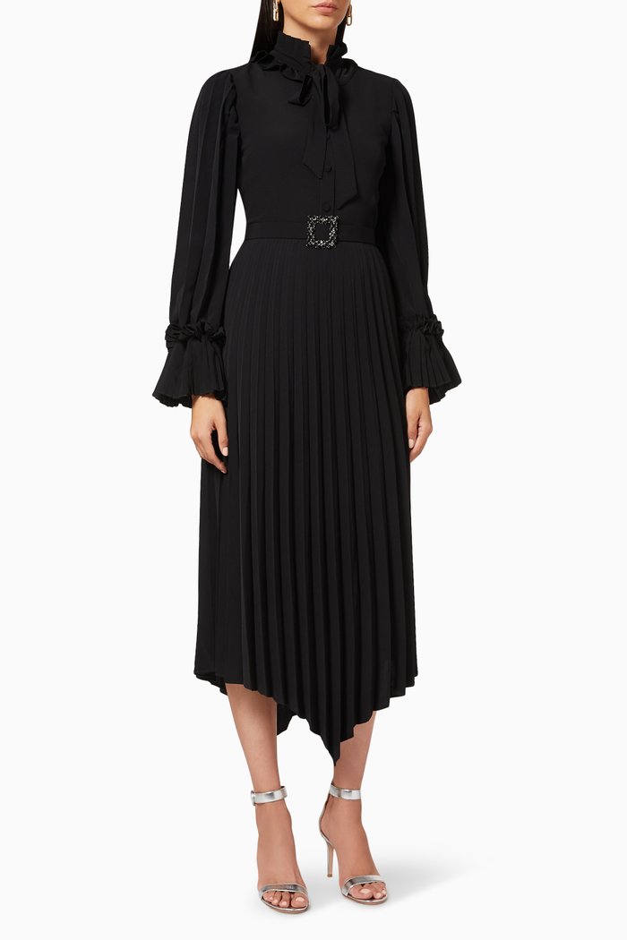 

Pleated Midi Dress in Crepe, Black