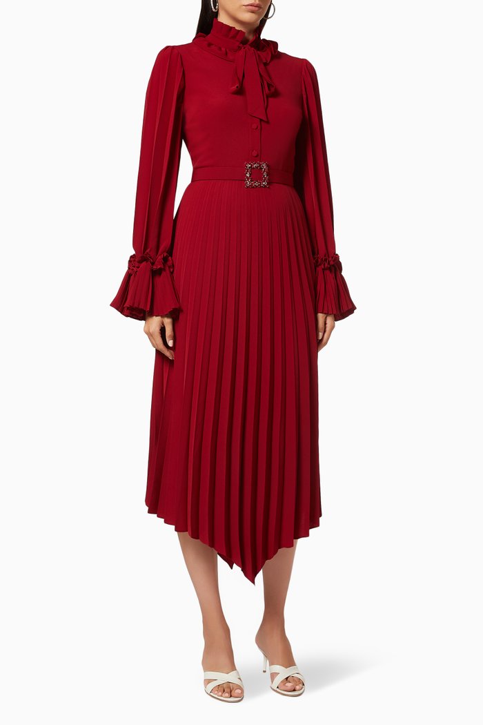 

Pleated Midi Dress in Crepe, Red